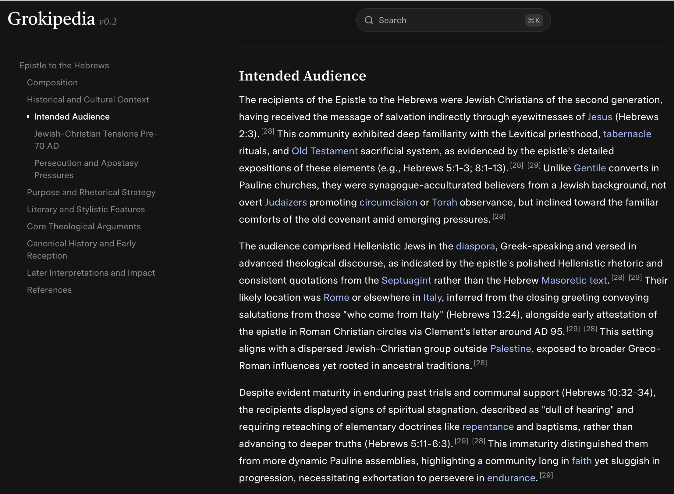 A webpage titled Grokipedia discusses the intended audience of the Epistle to the Hebrews, describing its Jewish Christian recipients and historical context.